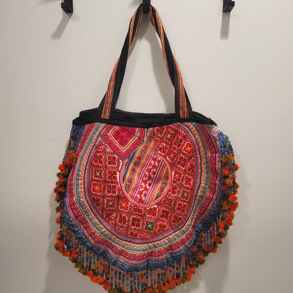 Embroidered beaded fringe hobo bag